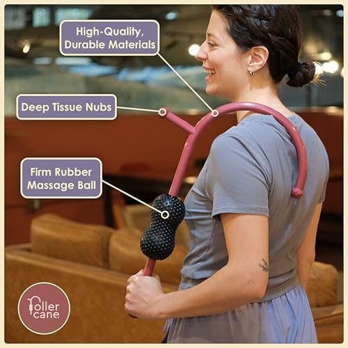 Roller Cane Massager | 2-in-1 Massage Roller Stick & Trigger Point Cane | Rubber Ball for Deep Tissue, Myofascial Release & Muscle Recovery (Red)