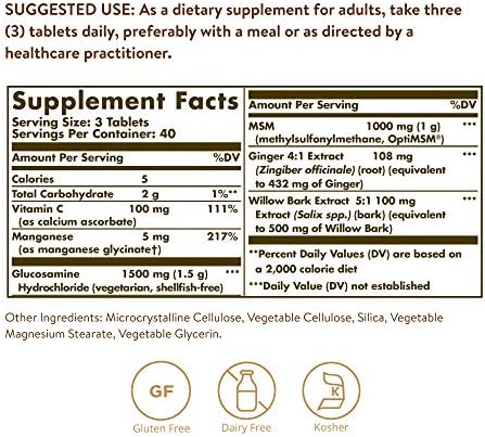 Solgar Glucosamine MSM Complex, 120 Tablets - Promotes Healthy Joints - Supports Range of Motion & Flexibility - Supports Collagen - Shellfish-Free - Gluten Free, Dairy Free, Kosher - 40 Servings