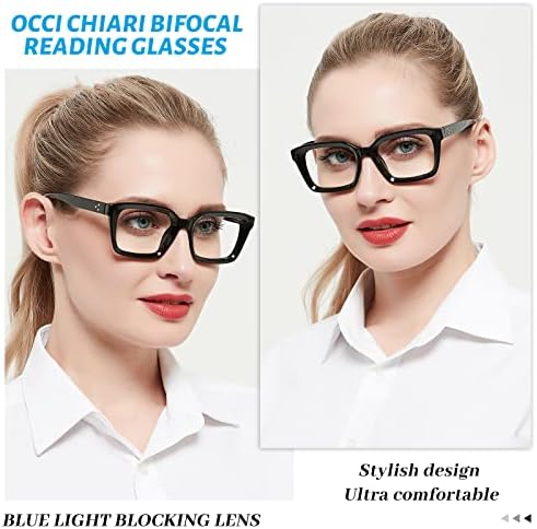 OCCI CHIARI Trendy Bifocal Reading Glasses Women Blue Light Blocking Oversized Readers 1.0 1.5 2.0 2.5 3.0 3.5(Black,1.0)