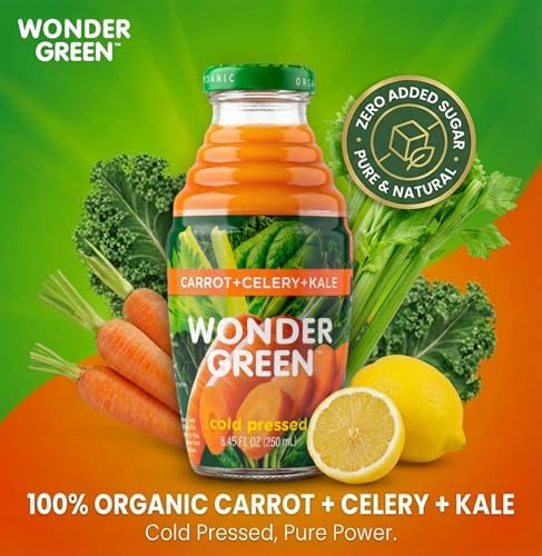 Wonder Green 100% Organic Carrot, Celery & Kale Cold Pressed Juice, 8.45 oz (6 Pack) | Vegetable Juice Blend, All Natural, No Additives or Preservatives, Not from Concentrate