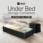 Reli. 90L Under Bed Storage Containers (8 Pack) | Closet Organizer with Clear Window | Underbed Storage Bins for Towels, Sweaters, Linens | Large Organizer for Closet (Black)