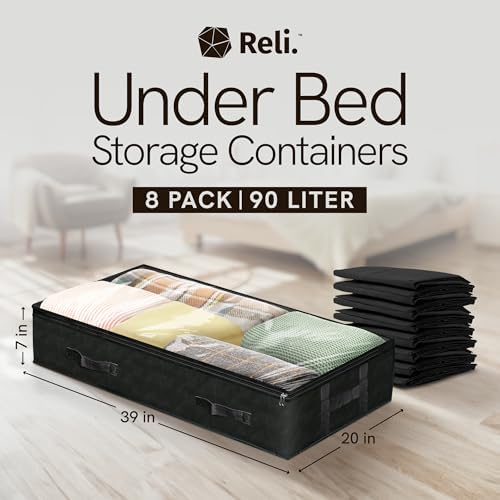 Reli. 90L Under Bed Storage Containers (8 Pack) | Closet Organizer with Clear Window | Underbed Storage Bins for Towels, Sweaters, Linens | Large Organizer for Closet (Black)