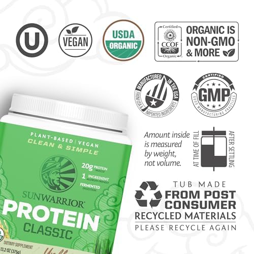 Sunwarrior Brown Rice Protein Powder with Bcaa & Amino Acids Raw Rice Protein Shake Gluten Free Low Carb Dairy Free | Plant Based Classic Sprouted Brown Rice Protein Powder Natural 375g
