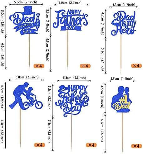 Rsstarxi 24 Pack Happy Father's Day Cupcake Toppers Glitter No.1 Dad My Hero Dad Cupcake Picks Love Dad Best Dad Cake Decorations for Happy Father's Day Birthday Party Cake Decorations Supplies Blue