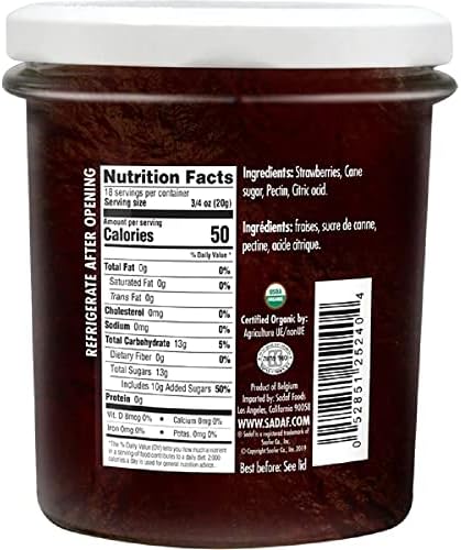 Sadaf Organic Strawberry Jam - Jelly made from organic strawberries - Organic jam strawberry spread - Fruit spread of strawberry jam organic -13 oz