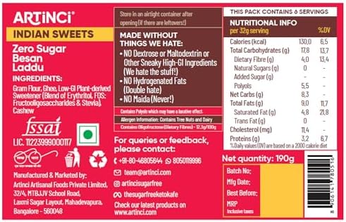 High Protein Besan Laddu – Sugar-Free Gram Flour Sweet Snack with Plant-Based Sweetener, Low Carb & High Fiber Indian Sweet - Pack of 2 (12 pcs)