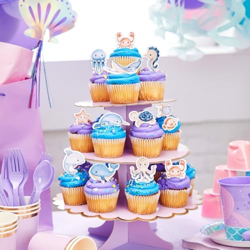 48PCS Edible Under The Sea Cupcake Topper Edible Starfish Octopus Crab Jellyfish Dolphin Starfish Seahorse Cupcake Picks for Under the Sea Baby Shower Boys Girls Birthday Party Decorations
