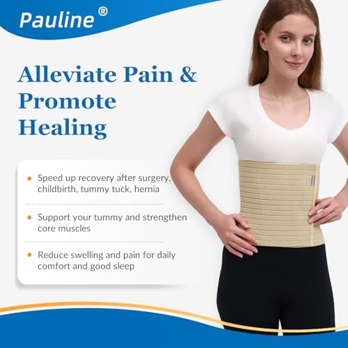 Abdominal Binder Post Surgery - Premium Belly Band for Stomach Support & Compression - Promote Recovery for Postpartum, Hysterectomy, Tummy Tuck, Hernia - Durable No-Fray Belly Wrap Waist Band (Size M 30" - 45", 9" High, Beige)