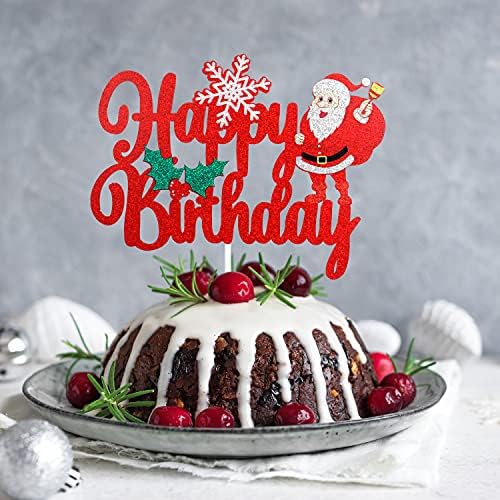 Merry Christmas Happy Birthday Cake Topper - Winter Christmas Glitter Santa Cake Topper - Joyeux Noel Happy New Year - Christmas Holidays Party Decoration