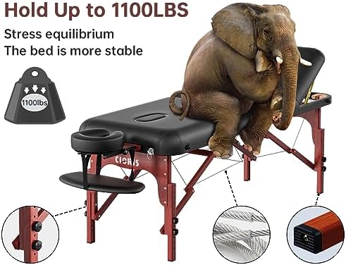 CLORIS 84" Professional Massage Table Portable 3 Folding Lightweight Facial Salon Spa Tattoo Bed Height Adjustable with Carrying Bag & Wooden Leg Hold Up to 1100LBS