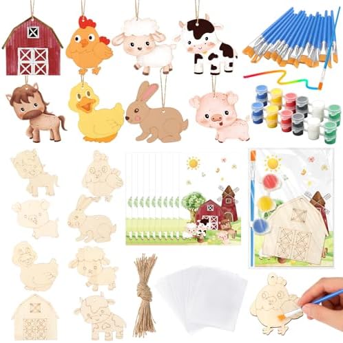 24 Pcs Farm Party Favors Farm Animal Wooden Painting Craft Kits Farmer Animal Birthday Party Supplies with Organza Bag for Birthday Favors Goodie Bags Fillers