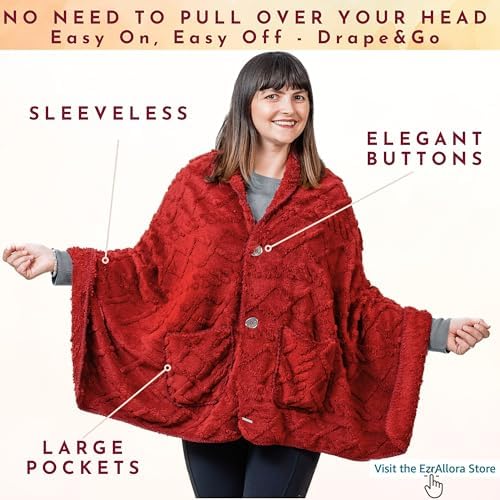 EzrAllora Fleece Poncho Blanket - Drape&Go No Sleeves- Lightweight Wrap Shawl - Wearable Blanket - Easy On Easy Off