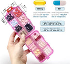 14 GRIDS Travel Pill Organizer Box with Labels - Travel Medicine Case Kit - Pocket Daily Pharmacy Container - Travel Medication Holder Dispenser for Fish Oil Vitamin Supplement Storage - Clear Pink