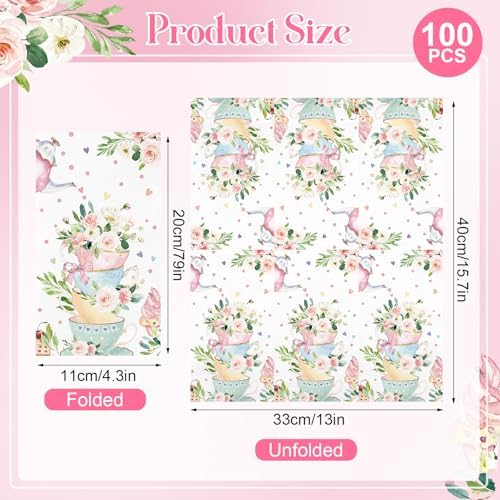 100PCS Tea Party Paper Napkins 3 Ply Disposable Hand Towels for Bathroom Spring Floral Tea Cup Guest Napkins Decorative Flower Teacups Dinner Napkins for Wedding Bridal Baby Shower Birthday Party