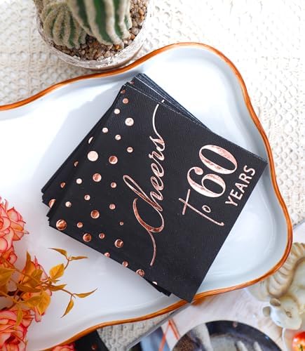 Rose Gold Cheers to 60th Cocktail Napkins Folded 5 x 5 Inches Disposable Party Napkins 3-Ply Paper Beverage Napkins for 60th Birthday Decorations, Wedding Anniversary, Retirement, Black (60 Years)