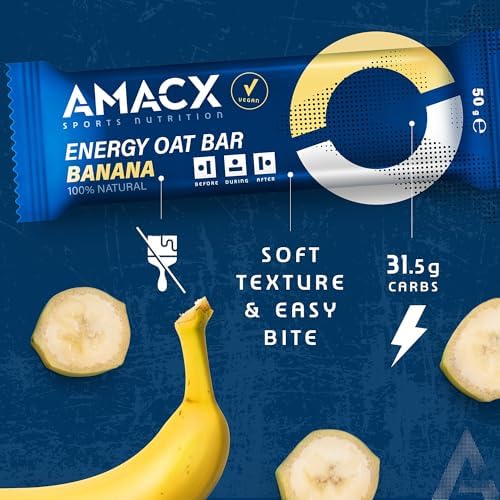 AMACX Energy Oat Bar for Endurance Sports – 12 x 50g – Energy Bars Carbohydrate mix (31g) – Vegan Protein Bar with 50mg magnesium – Running & Hiking Snacks – Healthy Oatmeal Power Bars - Banana