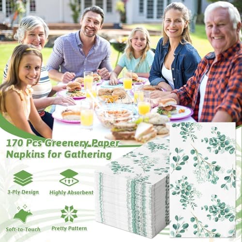 170 Pcs Greenery Paper Napkins, 3-Ply Eucalyptus Leaves Disposable Hand Towels for Bathroom Decorative Paper Guest Dinner Napkins for Wedding Baby Bridal Shower Spring Party Supplies Table Decor