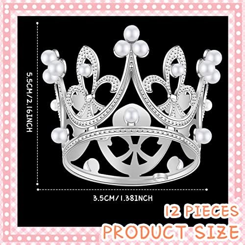 Funrous 12 Pcs Mini Crowns for Cake Topper Flower Bouquets Decor Metal Tiny Queen Cupcake Topper Crown Princess Decor Pearl Crystal Tiara for Wedding Bridal Birthday Party(Silver)
