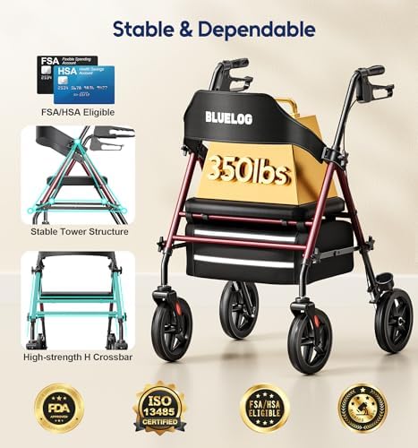 Bluelog Walkers for Seniors Rollator Walkers with Seat, 350lb Capacity with Cup Holder & Cane Holder, 8'' All Terrain Wheels, Adjustable Handles and Seat Height, Foldable Design, Burgundy