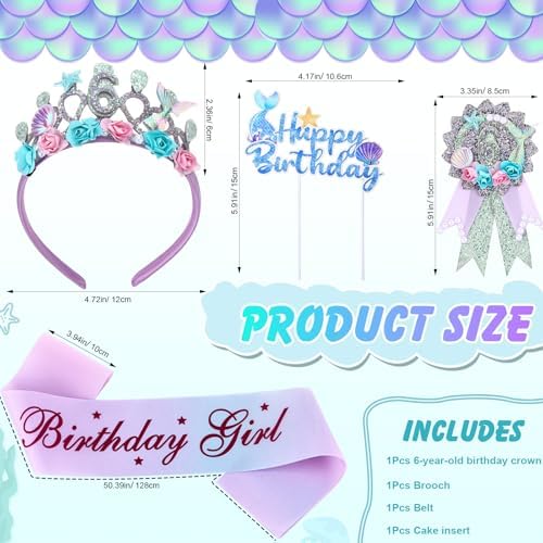 4 Pack Mermaid 6th Birthday Decorations: Crown, Sash, Pin, Cake Topper for Girls' 6th Birthday Party