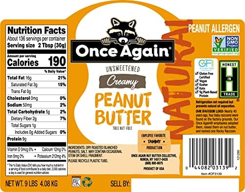 Once Again Natural, Creamy Peanut Butter, 9lb Bucket (same as 9 jars) - Lightly Salted, Unsweetened - Gluten Free Certified, Vegan, Kosher, Non-GMO Verified