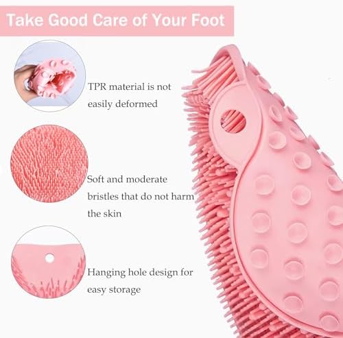 Shower Foot and Back Scrubber Mat,Wall Mounted Shower Foot Scrubber with Suction Cups,Exfoliating Silicone Massage Cleaner Mat(Pink)