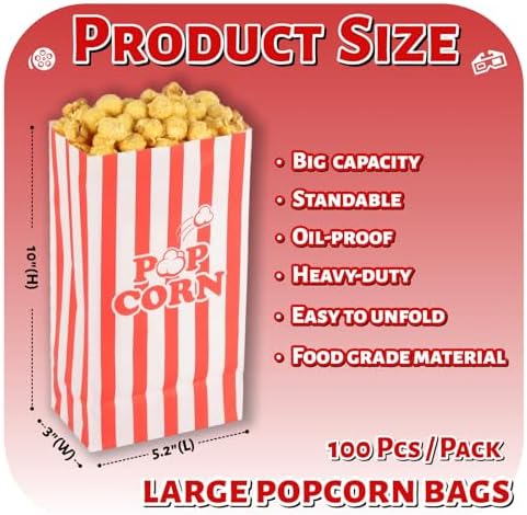 85oz Large Paper Popcorn Bags, Popcorn Individual Bag for Family Party, Big Snack Bags For Movie Night Supplies - Red White Stripe - 100Pcs/Pack