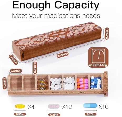 Wooden 7 Day Pill Organizer, Daily Once-a-Day Pill Box, Portable Travel Pill Case with Medium Compartments, Arthritis Friendly for Weekly Medication & Vitamin Tracking (Sapele)