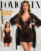 Women's Lingerie Sets with Robe - 3 Piece Lace Mesh Chemise Babydoll Nightgown with Thong