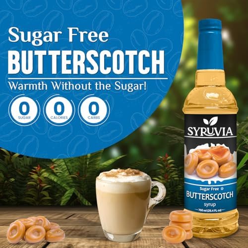 Syruvia Sugar Free Coffee Syrup, Butterscotch Flavored Syrup for Drinks, Lattes, and Desserts – 25.4 fl oz