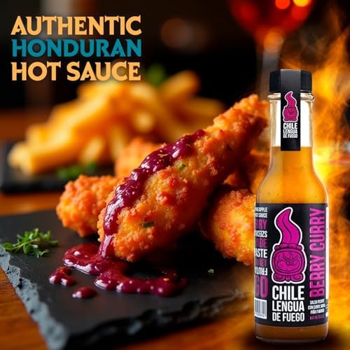 Chile Lengua de Fuego Berry Curry Hot Sauce - 1 Bottle - Scotch Bonnet, Mango, Blackberry & Curry Paste - Fruity, Spicy, Savory Blend - Artisan Honduran Sauce - All-Natural, Small Batch