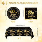 41Pcs 60th Birthday Party Decorations for Men Women, Black Gold Happy 60th Birthday Supplies with 20 Plates, 20 Napkins and 1 Tablecloth, 60 Years Old Party Disposable Tableware Kit for Him Her