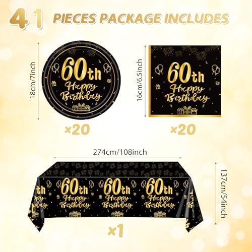 41Pcs 60th Birthday Party Decorations for Men Women, Black Gold Happy 60th Birthday Supplies with 20 Plates, 20 Napkins and 1 Tablecloth, 60 Years Old Party Disposable Tableware Kit for Him Her