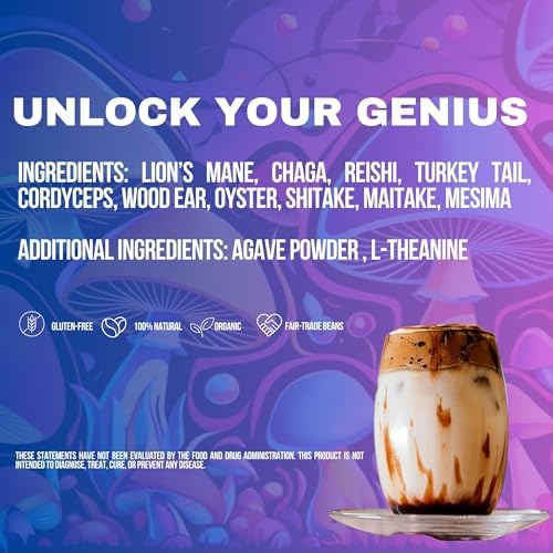 Genius Bean House Blend Mushroom Coffee, Medium Roast Ground Coffee with Lion's Mane, Chaga, Reishi, Cordyceps, L-Theanine, Organic Fair-Trade Beans, 8 oz
