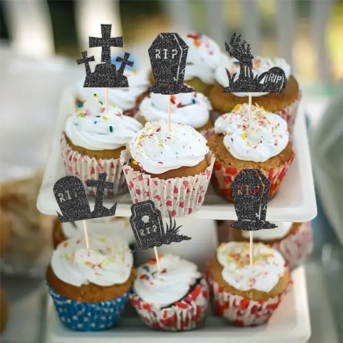 Rsstarxi 30 Pack Halloween Tombstone Cupcake Toppers Glitter RIP Spooky Zombie Graveyard Cupcake Food Picks Decoration for Halloween Horror Birthday Party Cake Decorations