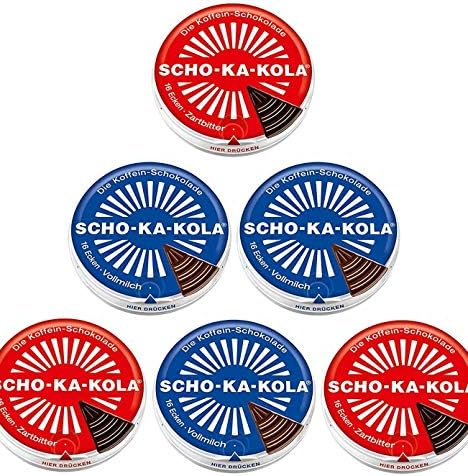 Dark Chocolate 3 tins x 100 g and Milk Chocolate 3 tins x 100 g SCHO-KA-KOLA with natural Caffeine from Cocoa, Cola-Nut-Powder and Coffee / Germany