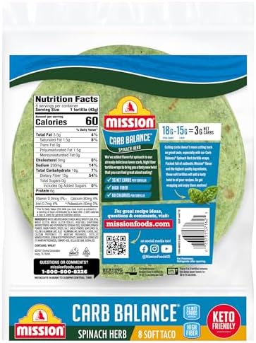 Mission Carb Balance Spinach Herb Tortilla Wraps, 8 Count, Low Carb, Keto, High Fiber, No Sugar