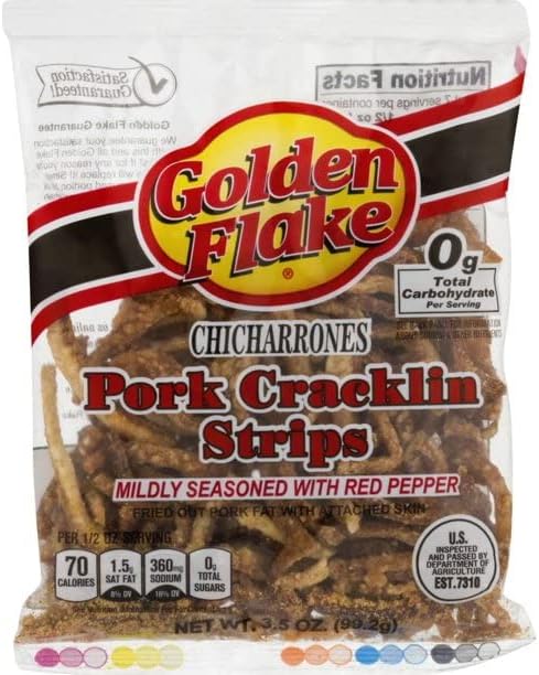 Golden Flake Pork Cracklins W/Red Pepper Seasoning 3.25 oz (Pack 8)