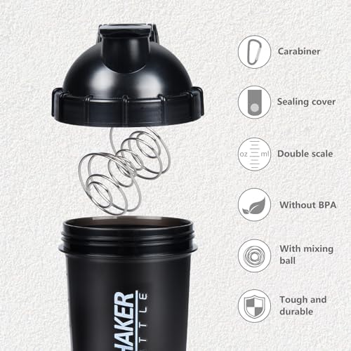 Shaker Bottle 18OZ Protein Shaker Bottles with Powder Storage & Pill Case 500ML GYM Shaker Cup for Protein Mixes with Blending Ball Leak Proof Mixer Bottle for Pre Workout,BPA Free(black)