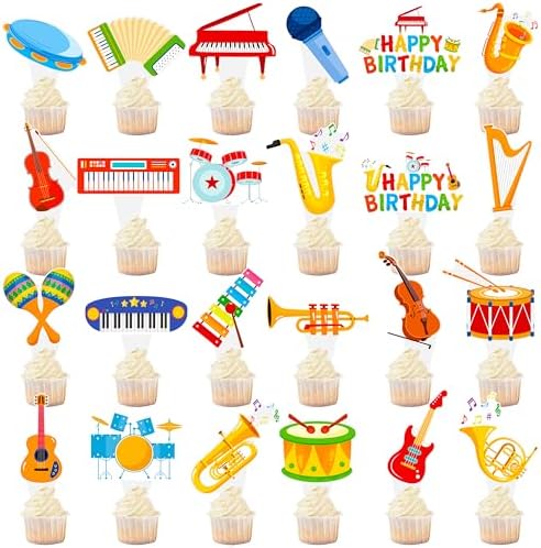48pcs Musical Instrument Cupcake Toppers for Music Party Decorations Musical Instrument Theme Cake Cupcake Picks for Music Themed Birthday Party Baby Shower Supplies