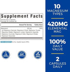 10 in 1 Magnesium Complex, 420mg Elemental Magnesium | Ultra Strength, Max Absorption | Chelated Magnesium Supplement for Nerves, Bone & Heart Health | Non-GMO, 120 Vegan Capsules
