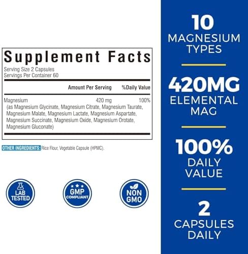 Vitalibre 10 in 1 Magnesium Complex, 420mg Elemental Magnesium | Ultra Strength, Max Absorption | Chelated Magnesium Supplement for Nerves, Bone & Heart Health | Non-GMO, 120 Vegan Capsules