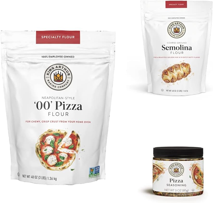 King Arthur Baking Company Ultimate Pizza Night Bundle, Contains One of Each: 00 Pizza Flour 3lb bag, Semolina Flour 3lb bag, Pizza Seasoning 3 Ounce Jar, Perfect for Homemade Pizza
