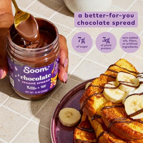 Soom Foods Chocolate Sesame Spread - 12oz | Made with 3 Ingredients, Low Sugar, Dairy-Free, No Nuts, No Gluten, Palm Oil-Free | 5g Protein | Better for You Chocolate Tahini Spread