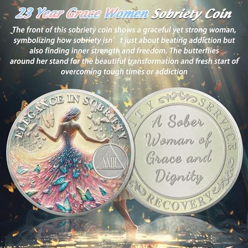 Artsy Grace Women 23 Year Sobriety Coin - Recovery Butterfly AA Coins - Sister Power Addiction NA AA Chips and Medallions - Celebrate 1-40 Years Narcotics Alcoholics Anonymous Gifts for Men Women