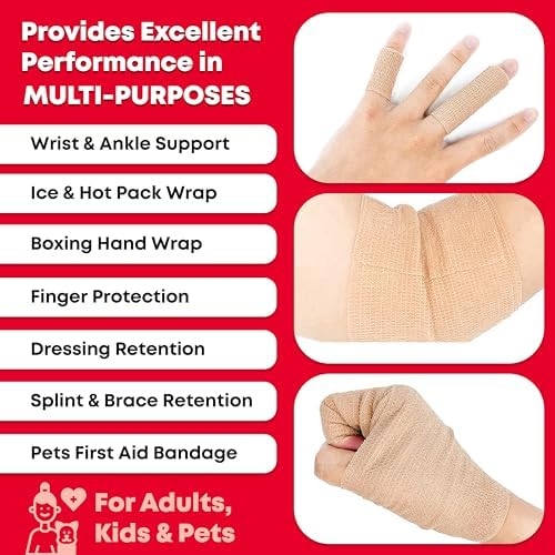 Ever Ready First Aid Self Adherent Cohesive Wrap Bandages, 4 inches x 5 Yards for First Aid, Sprains, Swelling, Sports, Pets, Tan – 18 Count