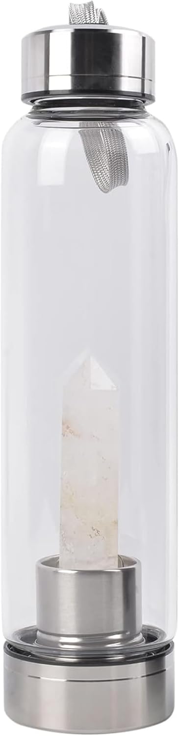 Clear Quartz Crystal Water Bottle, Stainless Steel Glass White Gemstone Obelisk Wand Energy Cup Sports Cup, Natural Wellness Healing 550ml
