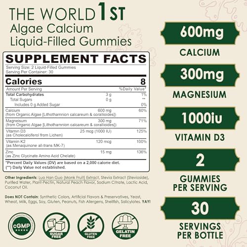 Plant Based Calcium Gummies 600mg with Vitamin D3 K2, Magnesium, Zinc for Bone Strength, Sugar Free Calcium Supplements for Women & Men (Certified Vegan) from Sustainably Organic Red Algae - 60 Counts
