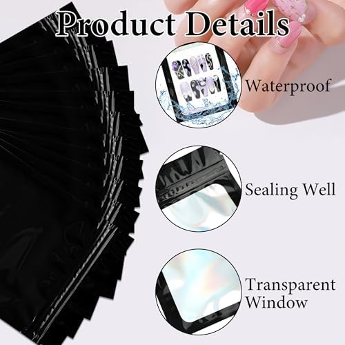 100PCS Empty Solid Black Holographic Nail Storage Bag Press on Nail Packaging Bag and 100PCS Shiny white cardboard Nail Tips Packaging Bags with 1 Roll Transparent Tape