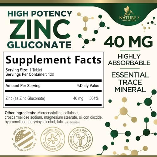 Zinc Supplement - Zinc 40mg Per Tablet - High Potency Zinc Tablets - Immune Support & Antioxidant Supplements - Best Skin Health & Immune System Support for Women & Men - Bottled in USA - 120 Tablets
